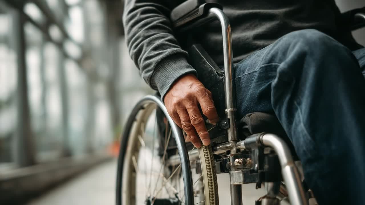 Muž na invalidním vozíku si za slunečného dne ve městě upravuje kolo