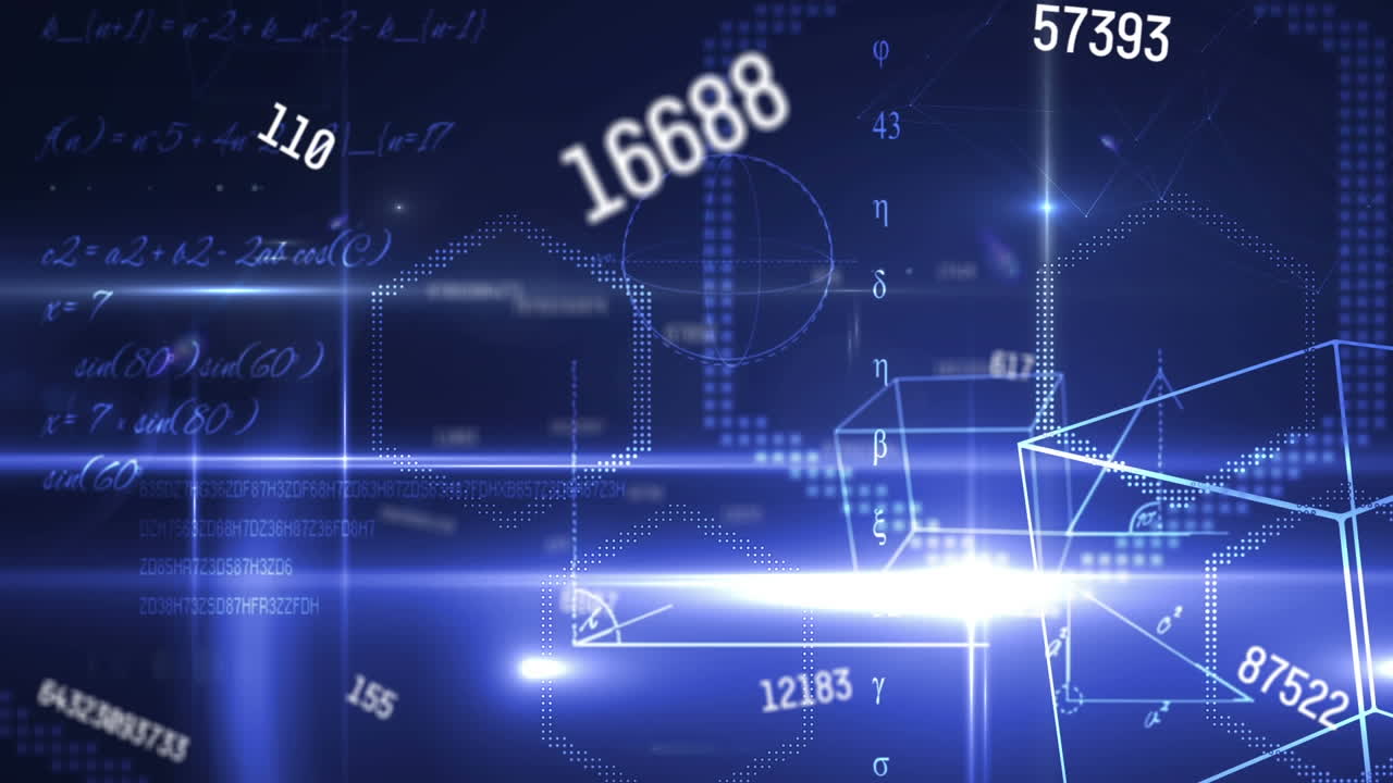 Animation of scientific data processing over mathematical equations and shapes on black background