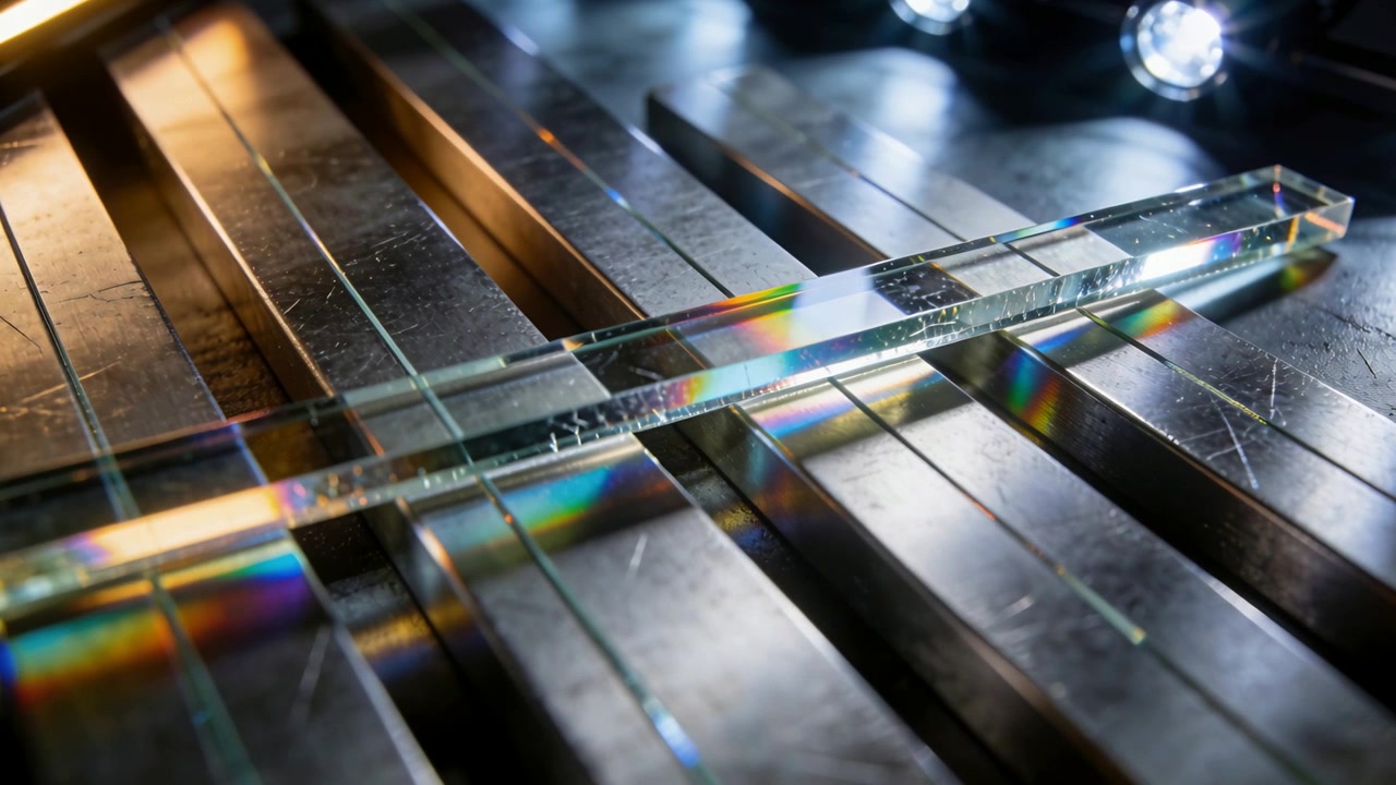 Glass Prism Reflecting Light on Industrial Metal Surface