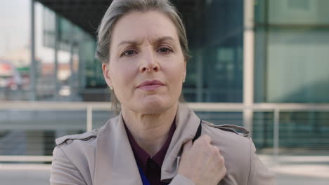 portrait-of-independent-middle-aged-business-woman-commuter-leaving-work-looking-serious-at-camera-in-city