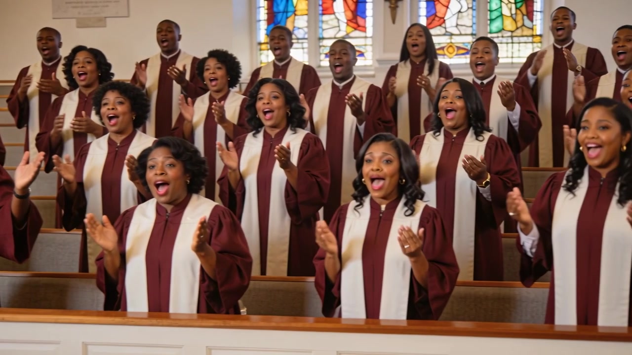 Singing choir responding to song cue, raising hands and clapping in church, maroon robes
