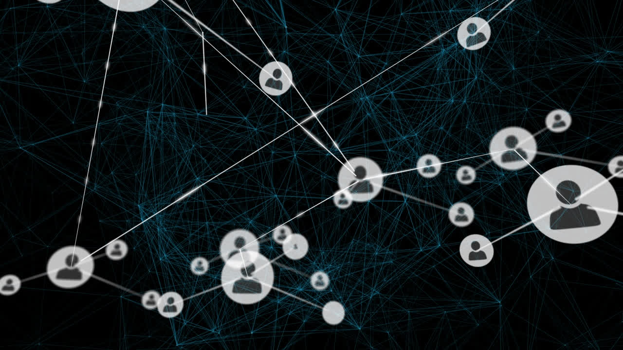 animación de la red de conexiones con iconos en fondo negro