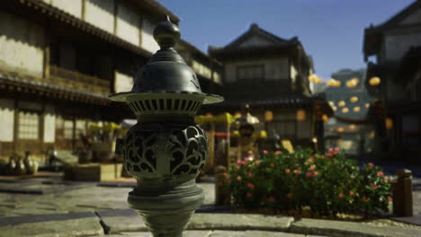 exploring a traditional marketplace with flowers and lanterns at dusk