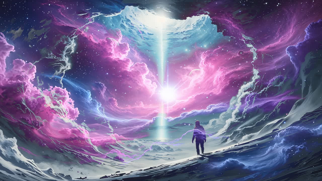 Lone Figure Confronts a Cosmic Light Beam in a Nebulous Landscape