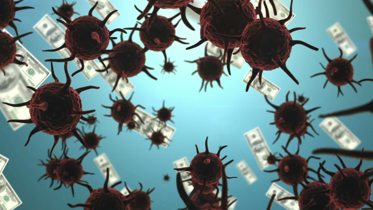 Animation of macro Covid-19 cells and American dollar bills floating.