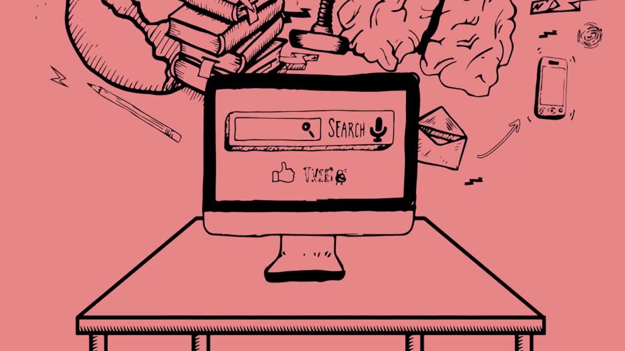 animación de los iconos de las computadoras y los artículos escolares sobre un fondo rosa