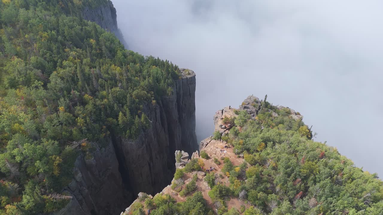 Aerial view of Sleeping Giant Provincial Park, Ontario Canada on a fog day