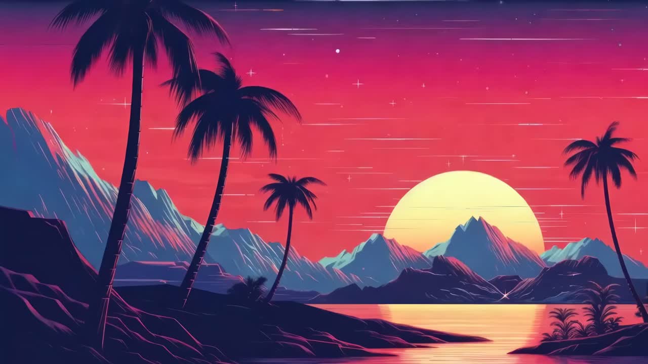 A surreal video concept with a low-angle view of a vibrant pink sunset over a tropical landscape