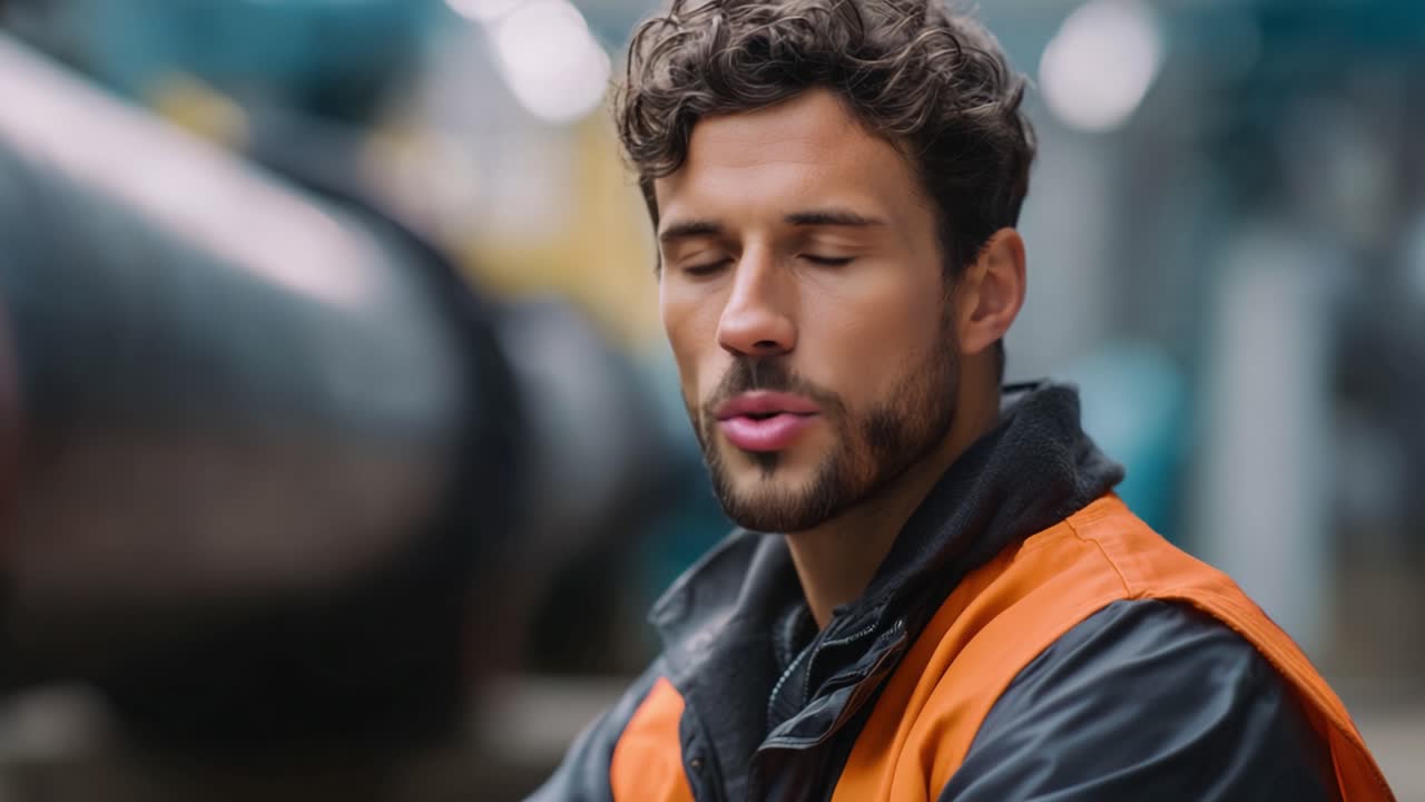 A confident worker engaged in conversation at a work site, showcasing professionalism, determination, and safety in the industrial environment of a facility