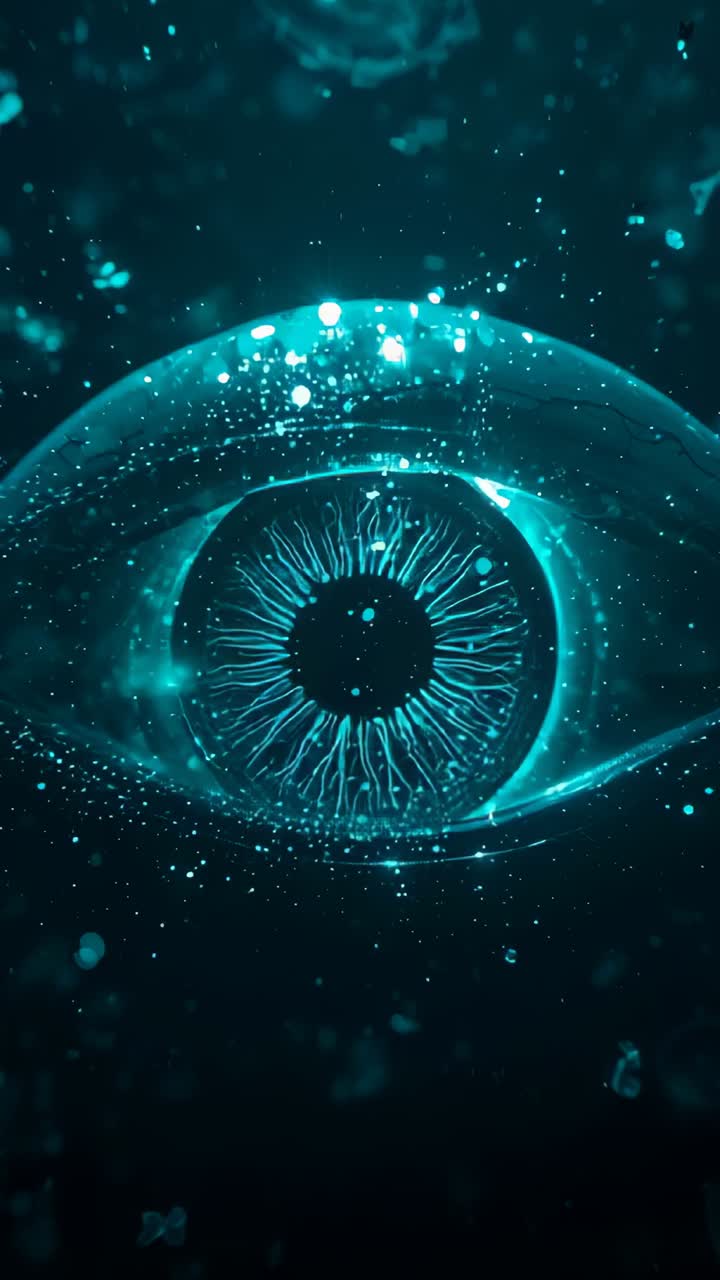 Vertical video: Forming sphere revealing hologram eye pulsing radial filaments in void particles