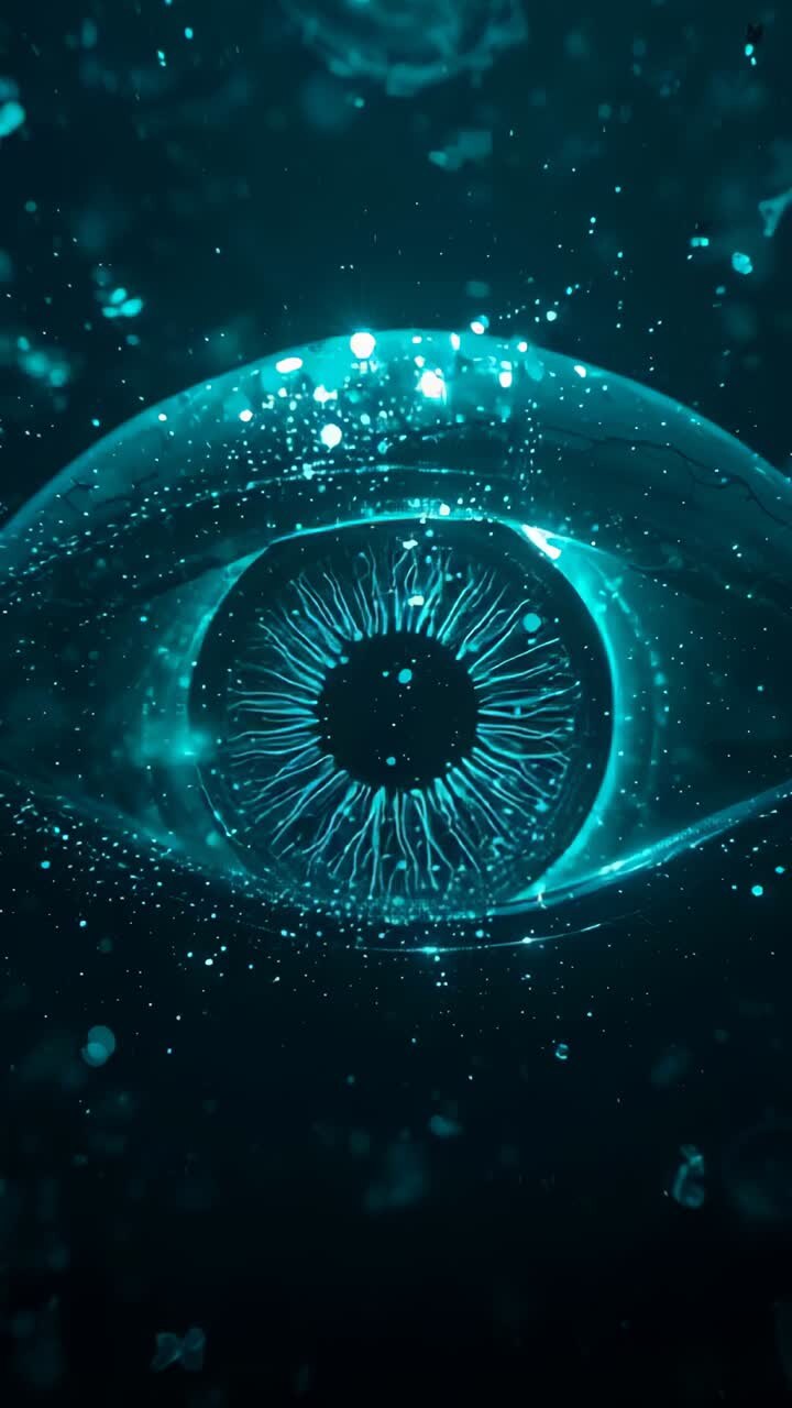 Vertical video: Forming sphere revealing hologram eye pulsing radial filaments in void particles