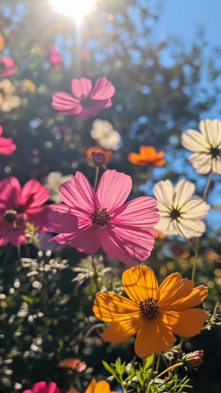 Flores Cosmos Vibrantes Balançando ao Sol com Reflexo de Lente