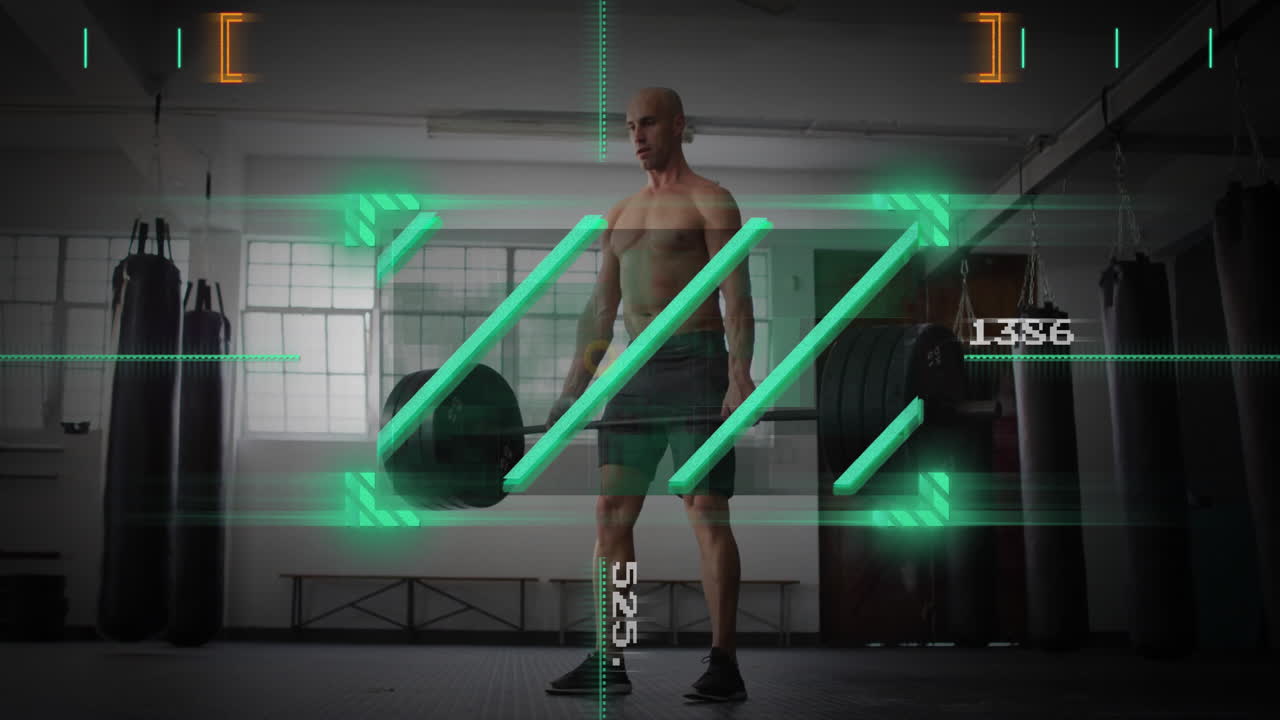 Lifting weights in gym, man using animation with digital data overlay