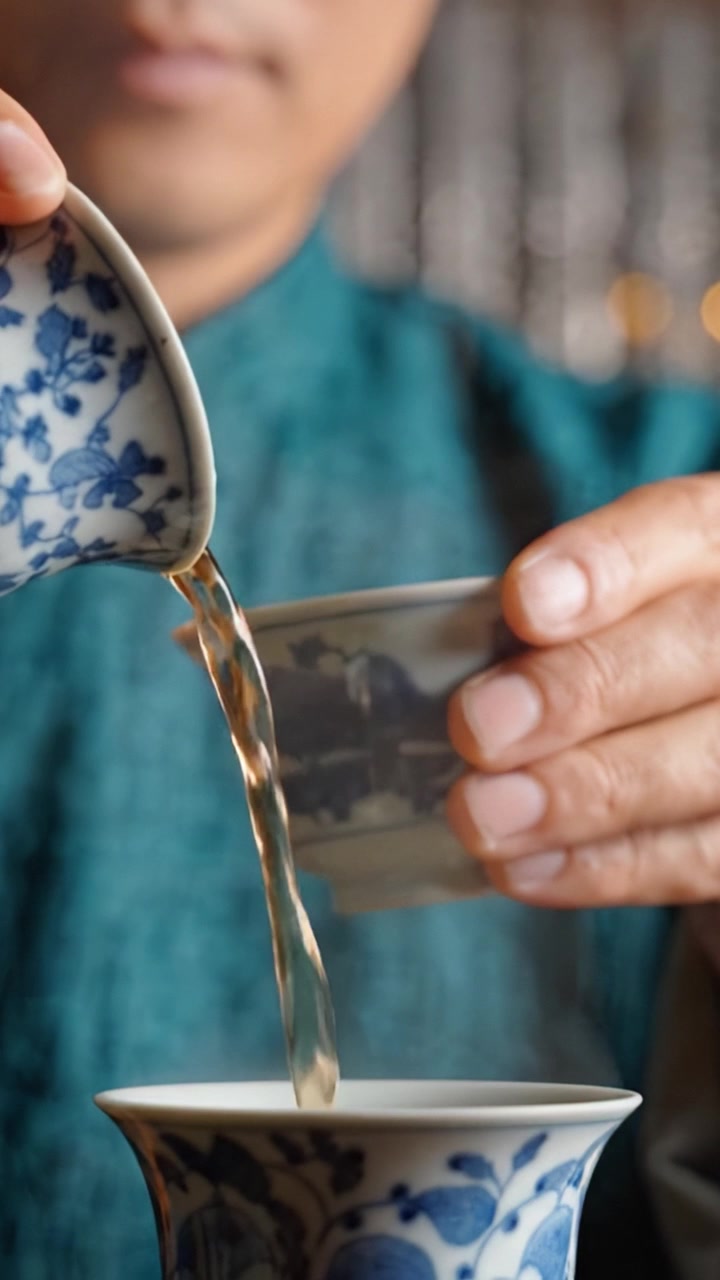 Delicata Cerimonia del Tè: Un Primo Piano di Mani Impegnate nell'Arte di Preparare e Servire il Tè Tradizionale in Tazze di Porcellana Finemente Lavorate.