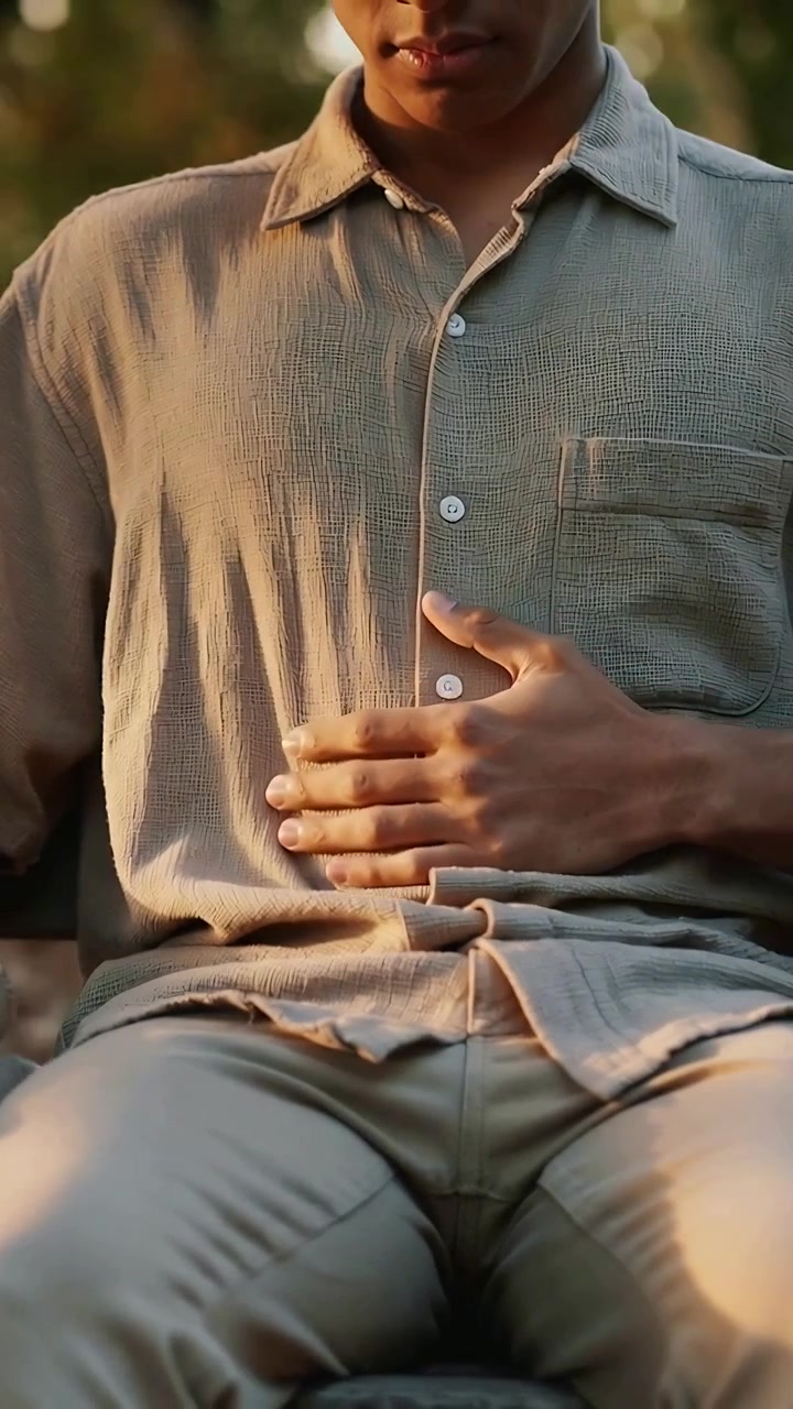 Vertical video: Adjusting after crease, man smoothing beige shirt with right hand on park bench