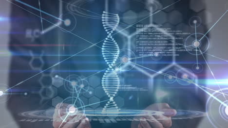 animation of scientific data, dna and connections over midsection of caucasian man