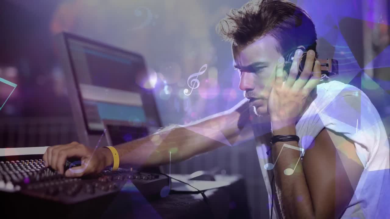 animación digital de un jinete de disco mezclando música en un pub 4k