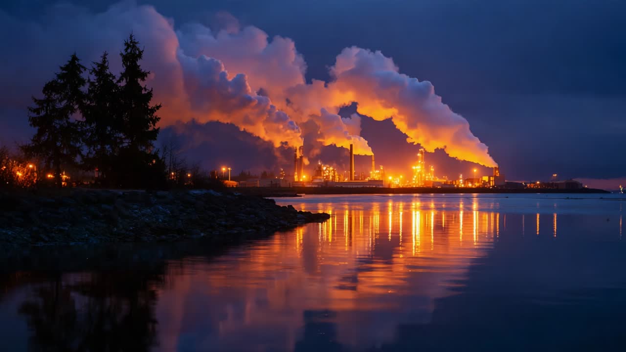 Industrial Factory at Night with Smoke and Water Reflection