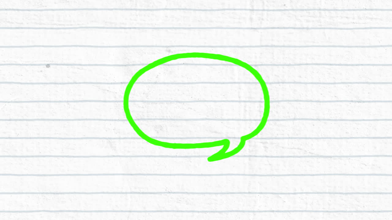 Animation of green speech bubble chat message hand drawn with a marker on white lined paper