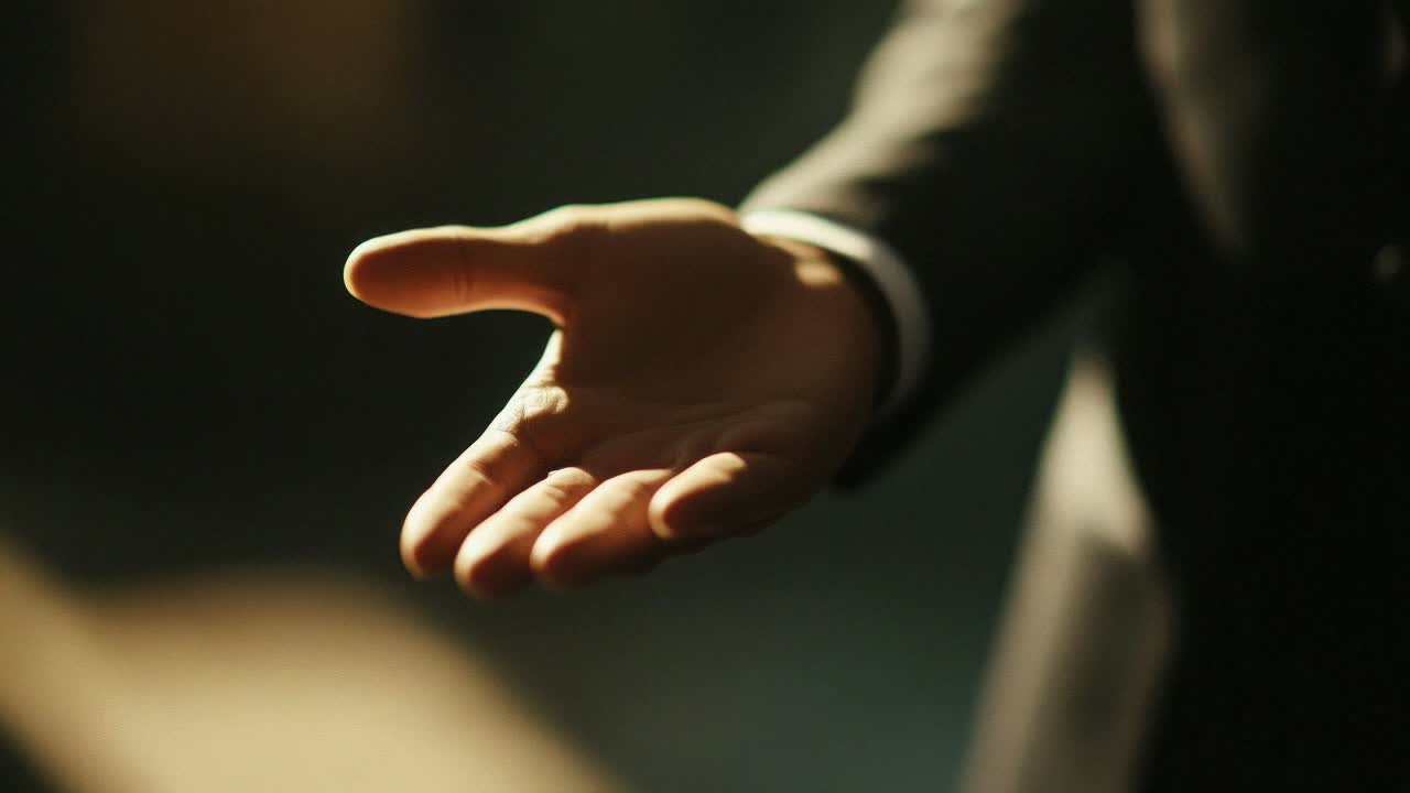 Close-up of an outstretched hand in a dimly lit setting, suggesting an offer or invitation