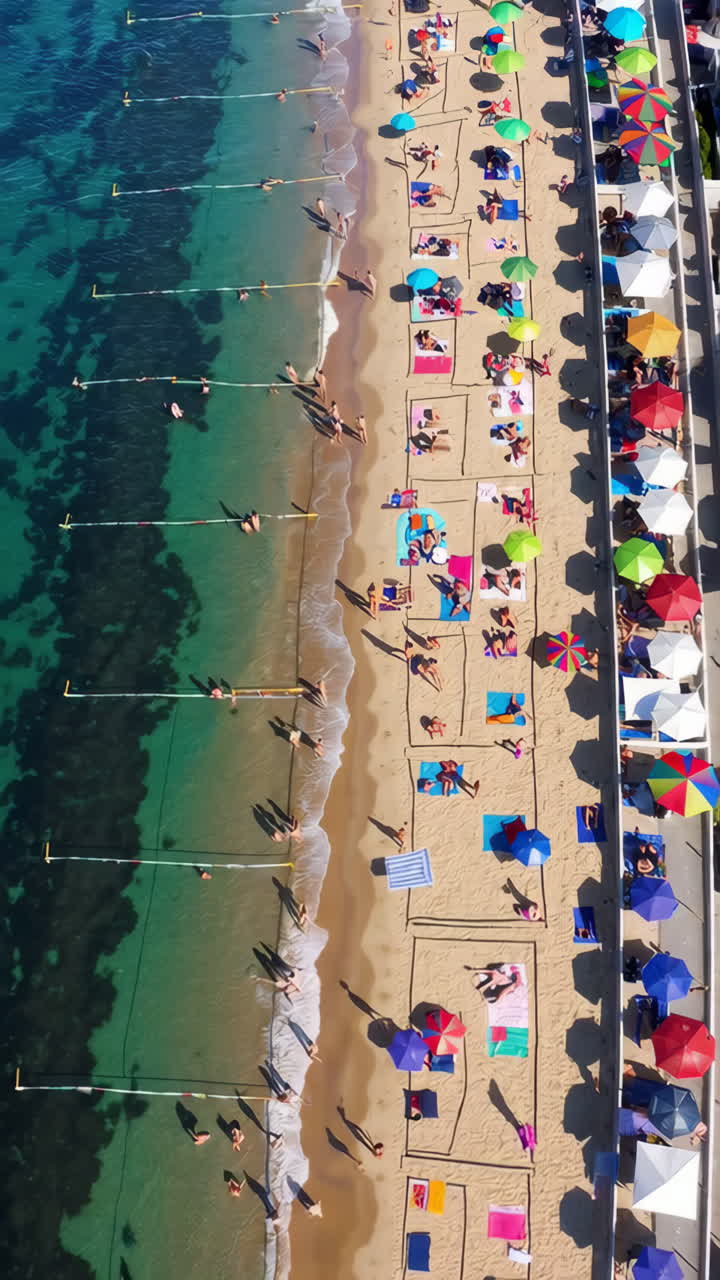 Vista Aérea de uma Praia Vibrante e Lotada com Sombrinhas Coloridas e Banhistas
