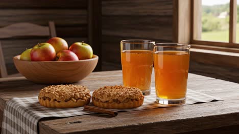 delicious homemade treats with fresh apples and refreshing beverages captured in a cozy rustic kitchen setting