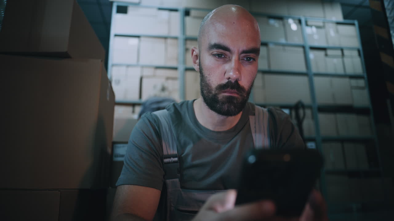 Exhausted Loader Using Smartphone Having Rest After Hard Workday in Logistics Warehouse at Night