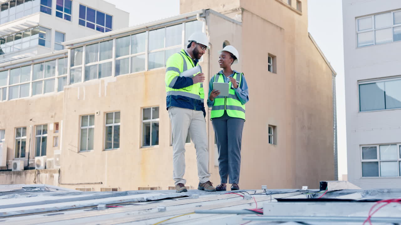 profesionales de la construcción discutiendo el proyecto en el techo