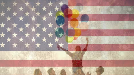 animation of flag of usa over diverse friends holding balloons