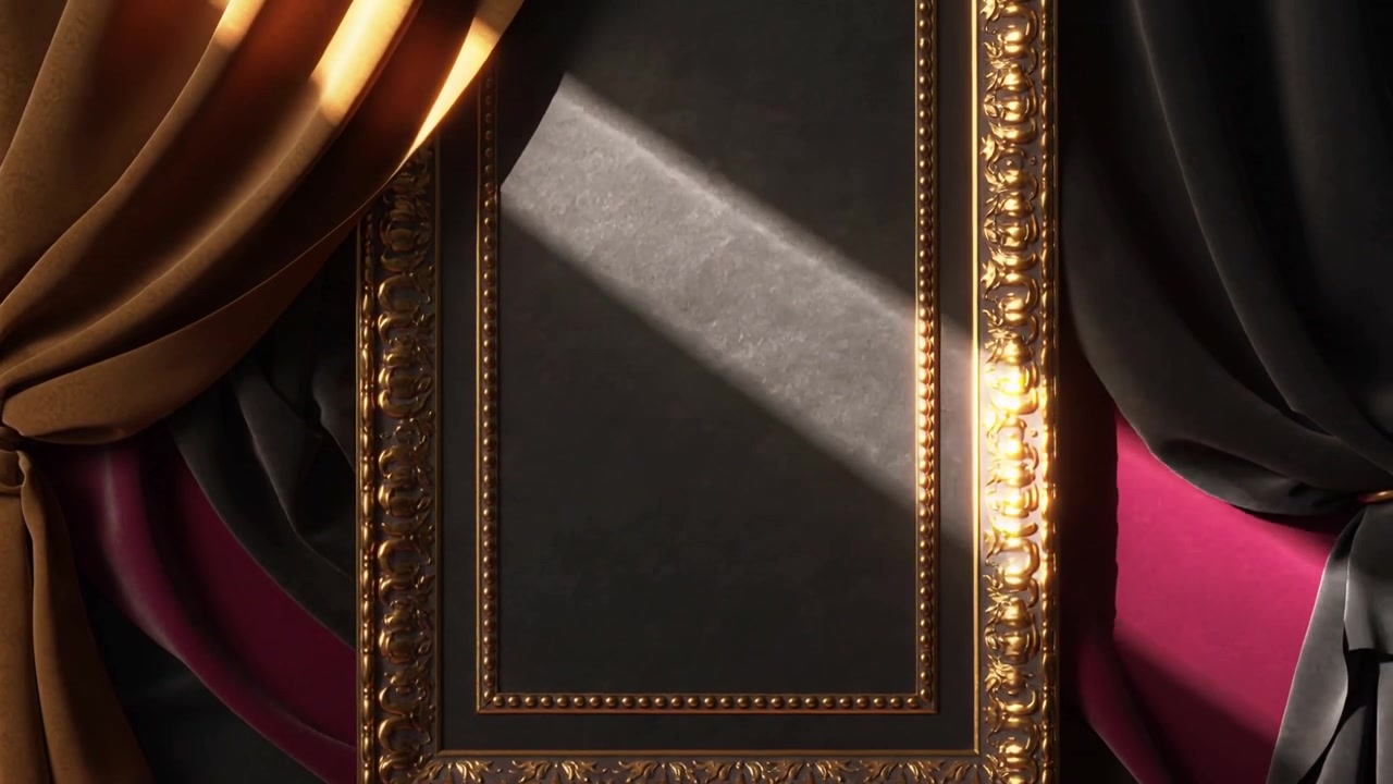 Gilded frame being revealed on stage, gold curtain and dark drape pulling aside, light sweeping