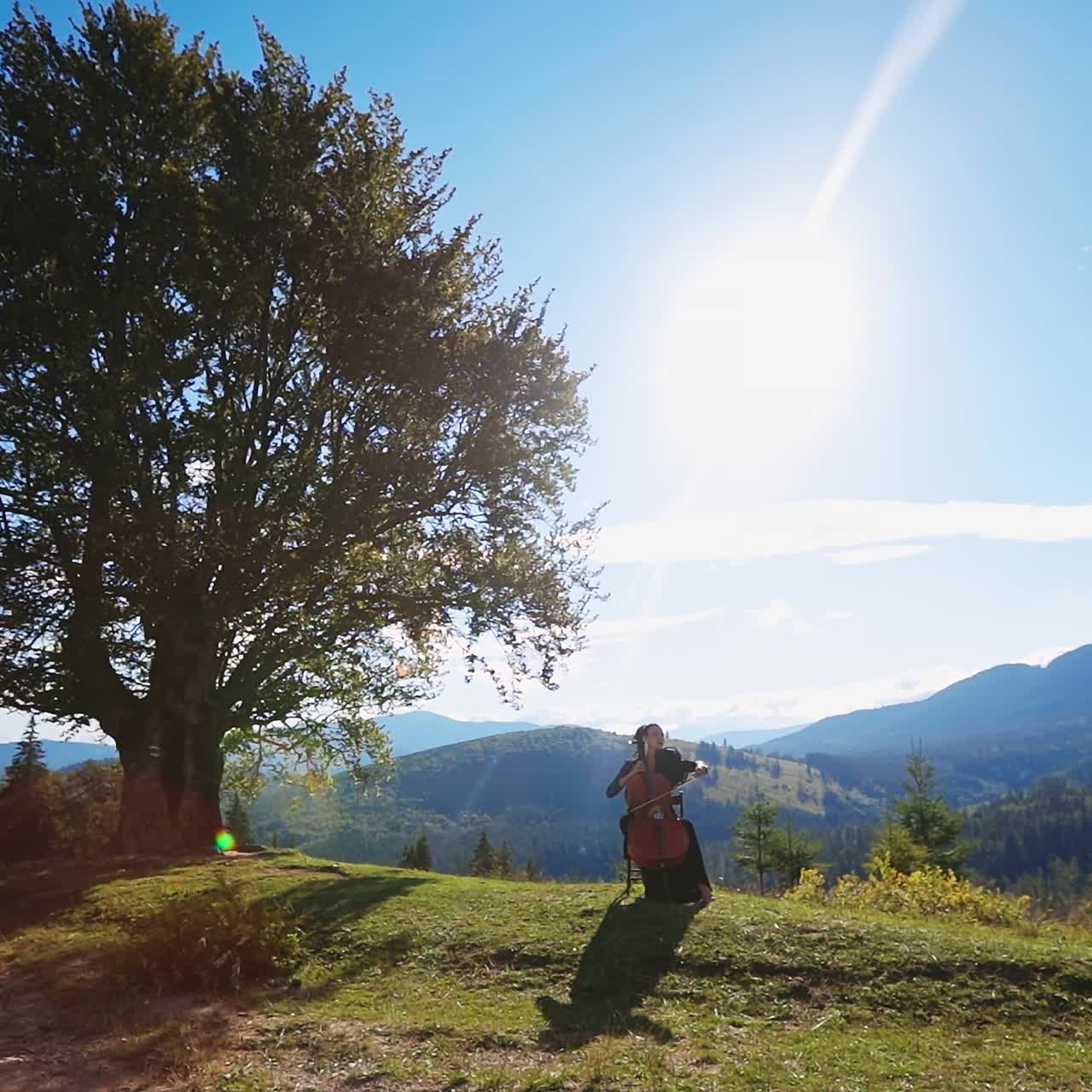 Woman playing cello on the hill on wonderful sunny day. Performing classical music at the backdrop of mountains on sunny day