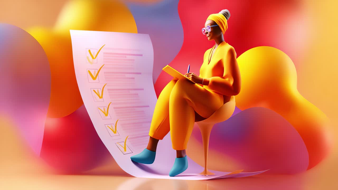 A creative illustration featuring a woman in a vibrant yellow outfit seated on a colorful chair, diligently marking tasks on a checklist, encapsulating productivity and motivation
