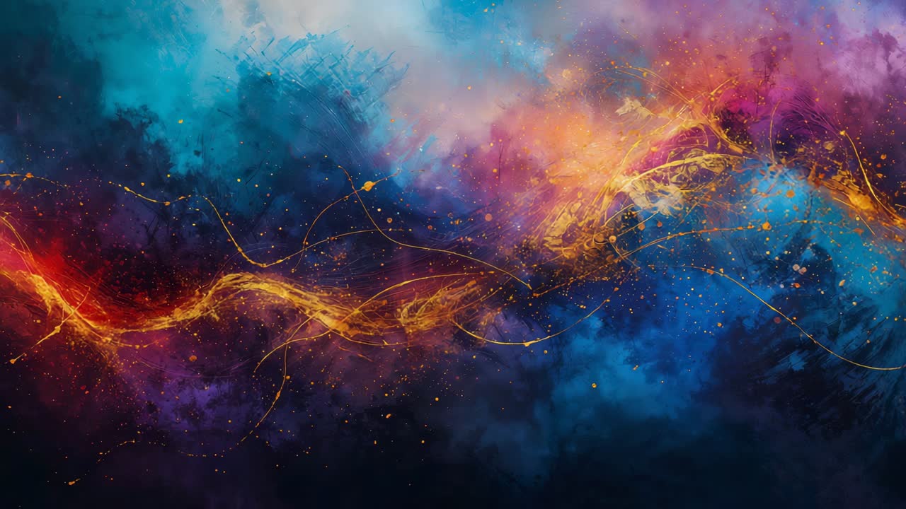 Loop starting as waving golden ribbon moving across frame in nebula, emitting filaments, particles