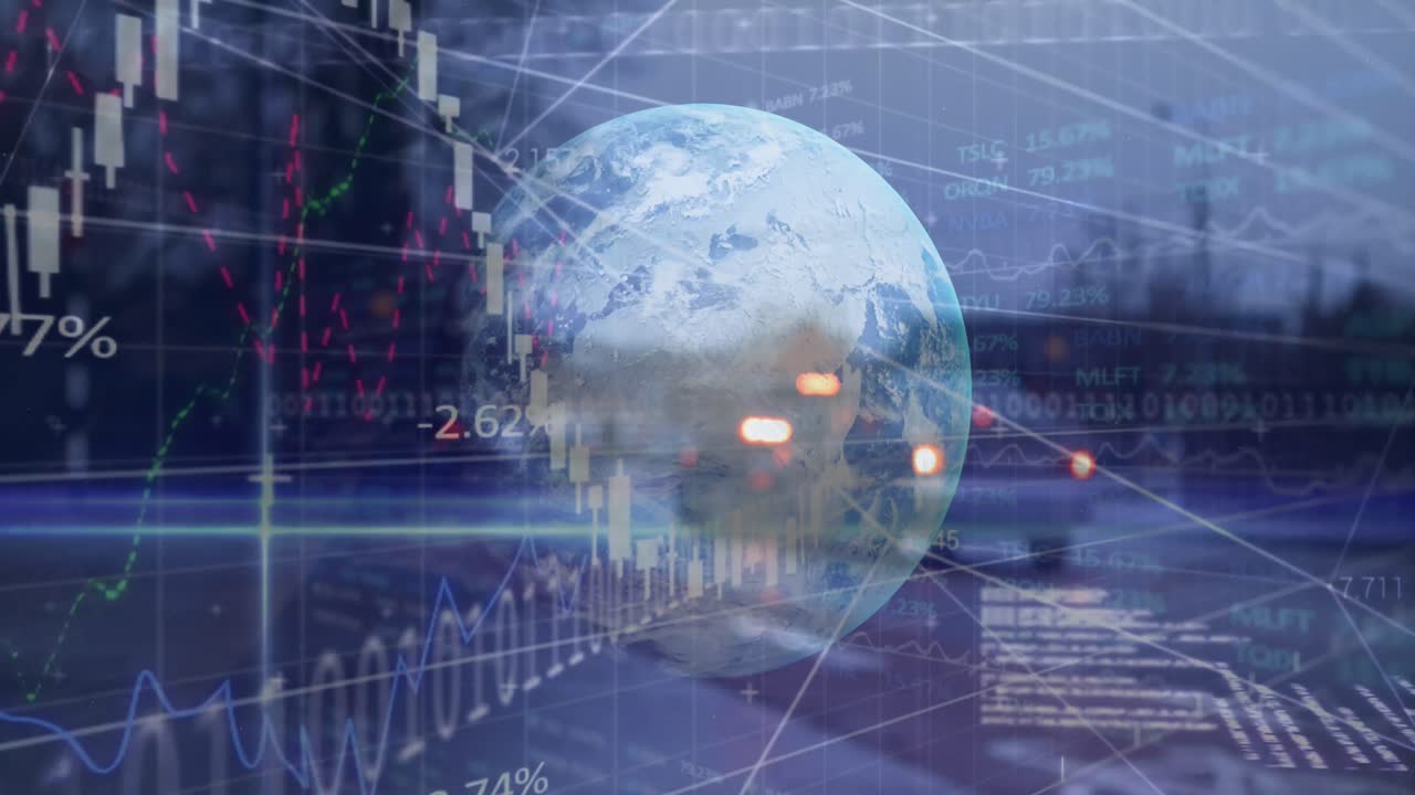 Financial and stock market data processing over globe against city traffic