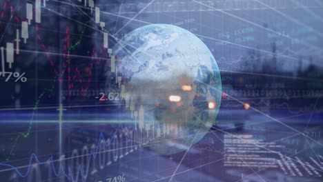 financial and stock market data processing over globe against city traffic