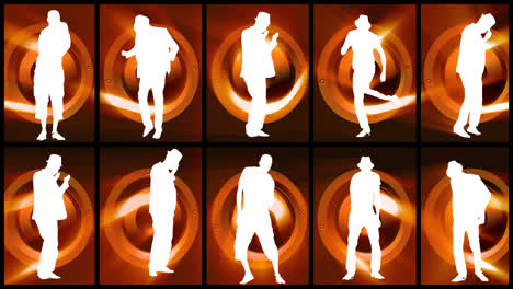 animation of twelve men silhouettes dancing against orange and black background