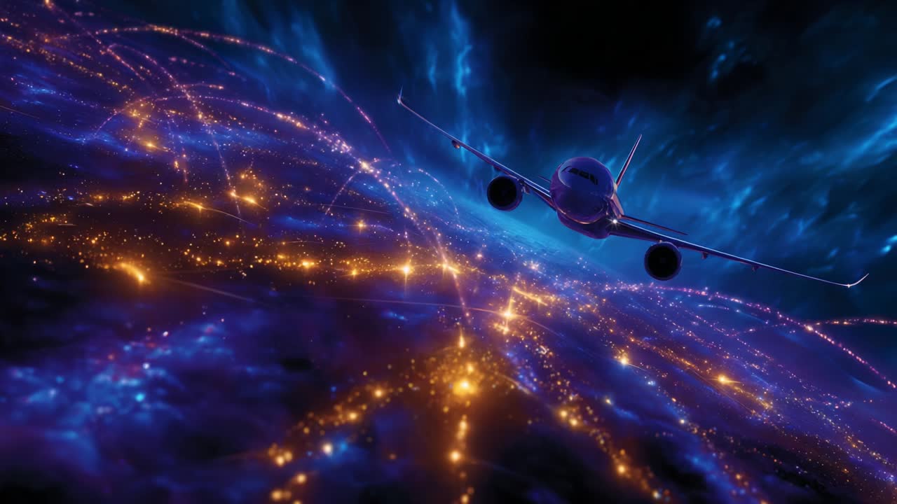 Airplane flying over a city at night