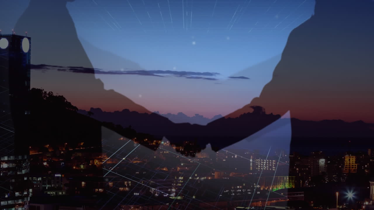 도시 풍경에 손을 흔드는 사업가들의 실루 ⁇ 의 디지털 구성