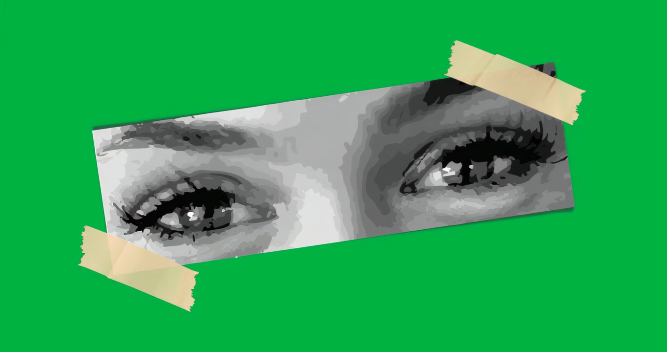 Upon activation taped panel on transparent background lifting revealing irises and stabilizing gaze