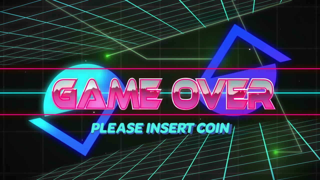 Animation of game over text over colourful shapes and digital lines on black background