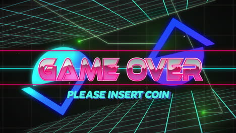 animation of game over text over colourful shapes and digital lines on black background