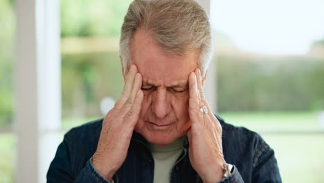 headache, senior man and stress in home