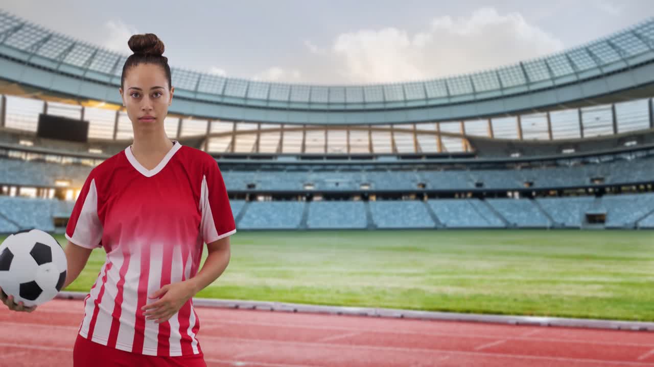 스타디움 위에서 두 인종의 여자 축구 선수의 애니메이션