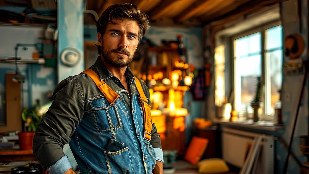 Uomo in officina con attrezzi. Un uomo posa nella sua officina circondato da attrezzi, legno e luce naturale dalla finestra, mostrando chiaramente il suo spazio di lavoro.