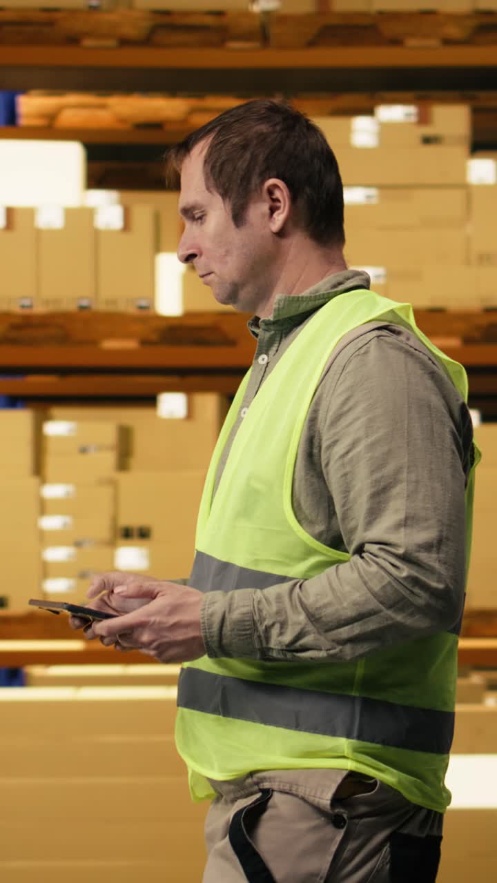 Vertical Video Warehouse Worker Overseeing Pallets Details On Tablet In Busy Distribution Hub