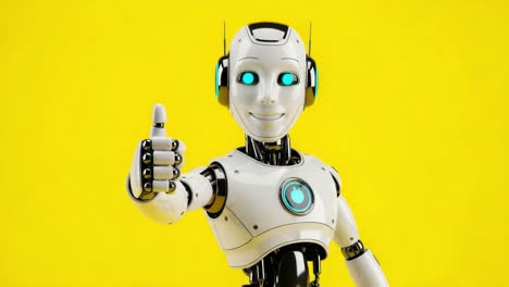a friendly robot character displays positive emotions with a thumbs up gesture against a bright yellow background, exemplifying futuristic technology and human-like interaction