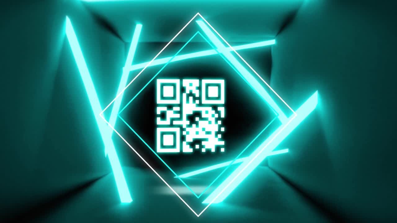 Animation of glowing qr code over neon geometric shapes