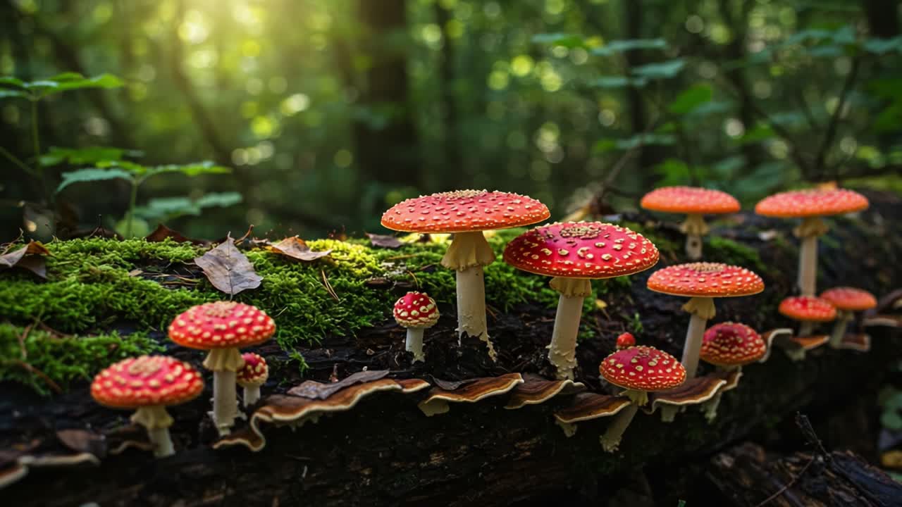 A Captivating Display of Vibrant Red Mushrooms Growing on Moss-Covered Logs in a Tranquil Forest Setting Under Gentle Sunlight
