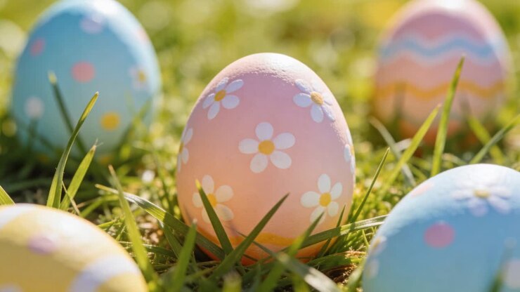Camera pushing closer sunlight shifting pink daisy egg becoming sharp in garden showing pastel eggs