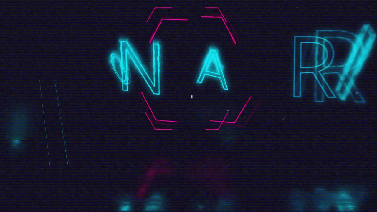 Letter fragments emerging against static band, sliding into neon hexagon, pulsing to signal on air
